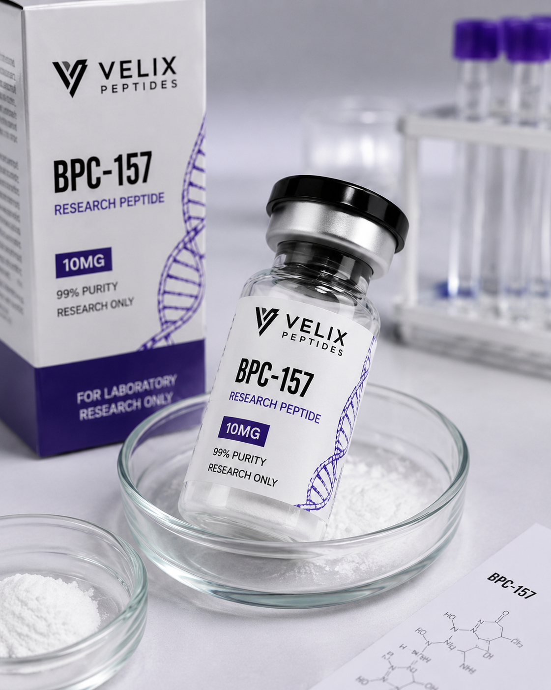 BPC-157 peptide laboratory vial with lyophilized powder beside research packaging BPC-157 peptide laboratory vial with lyophilized powder beside research packaging