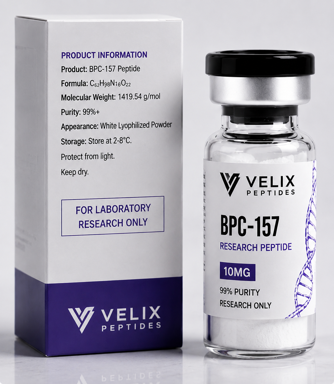 Premium BPC-157 peptide product display with laboratory research packaging and powder form Premium BPC-157 peptide product display with laboratory research packaging and powder form