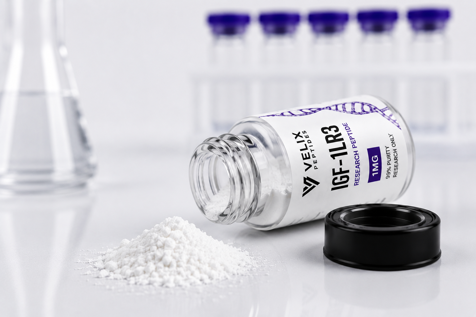 IGF-1LR3 0.1MG peptide laboratory research vial with professional research-grade packaging by Velix Peptides. IGF-1LR3 0.1MG peptide laboratory research vial with professional research-grade packaging by Velix Peptides.