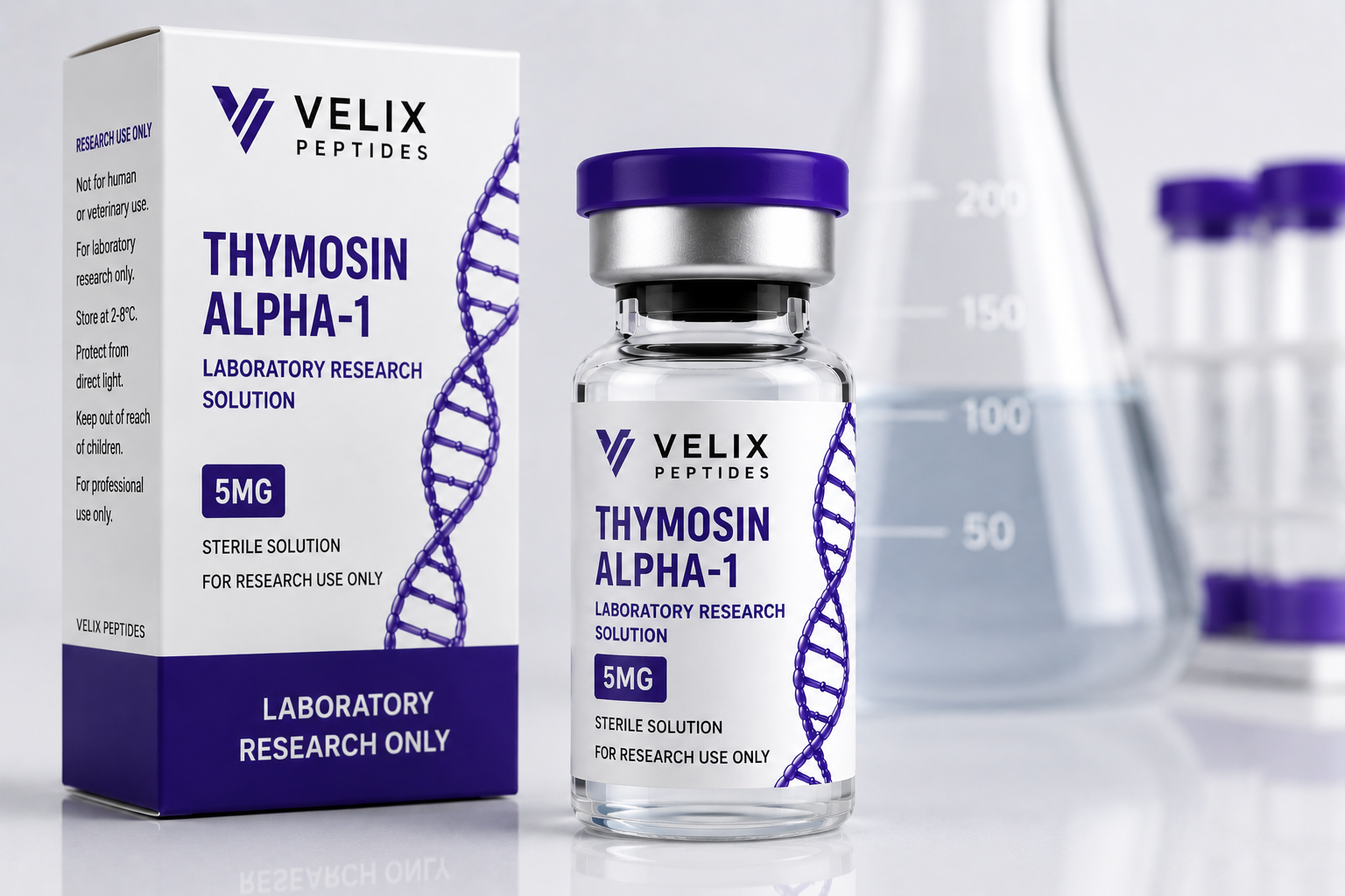 Professional Thymosin Alpha-1 peptide laboratory research packaging with research-grade peptide solution by Velix Peptides. Professional Thymosin Alpha-1 peptide laboratory research packaging with research-grade peptide solution by Velix Peptides.