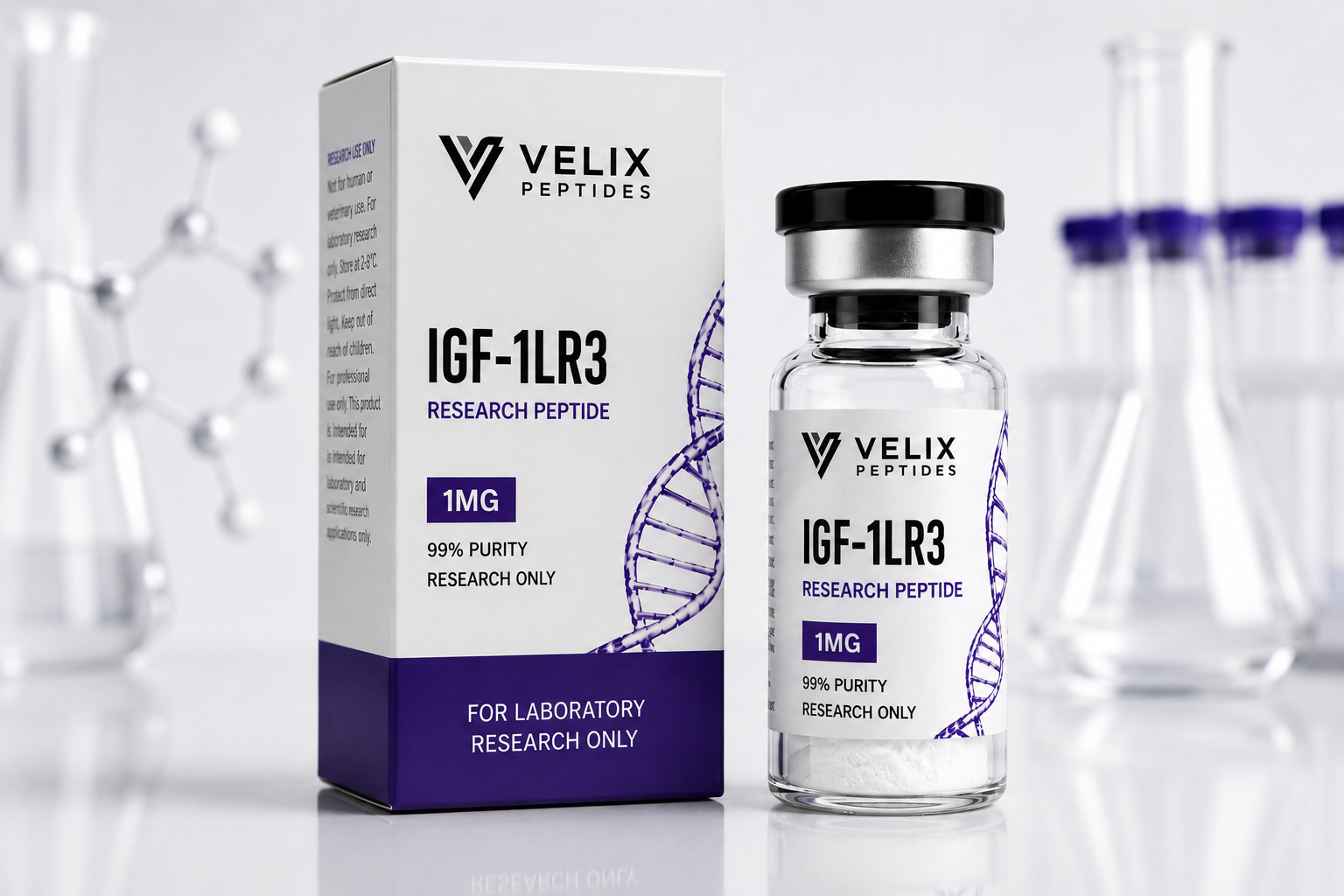 Professional IGF-1LR3 peptide research compound packaging with sterile laboratory-grade vial presentation by Velix Peptides. Professional IGF-1LR3 peptide research compound packaging with sterile laboratory-grade vial presentation by Velix Peptides.