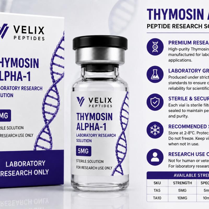 Thymosin Alpha-1 peptide laboratory research vial by Velix Peptides displaying professional peptide packaging and premium research-grade formulation.