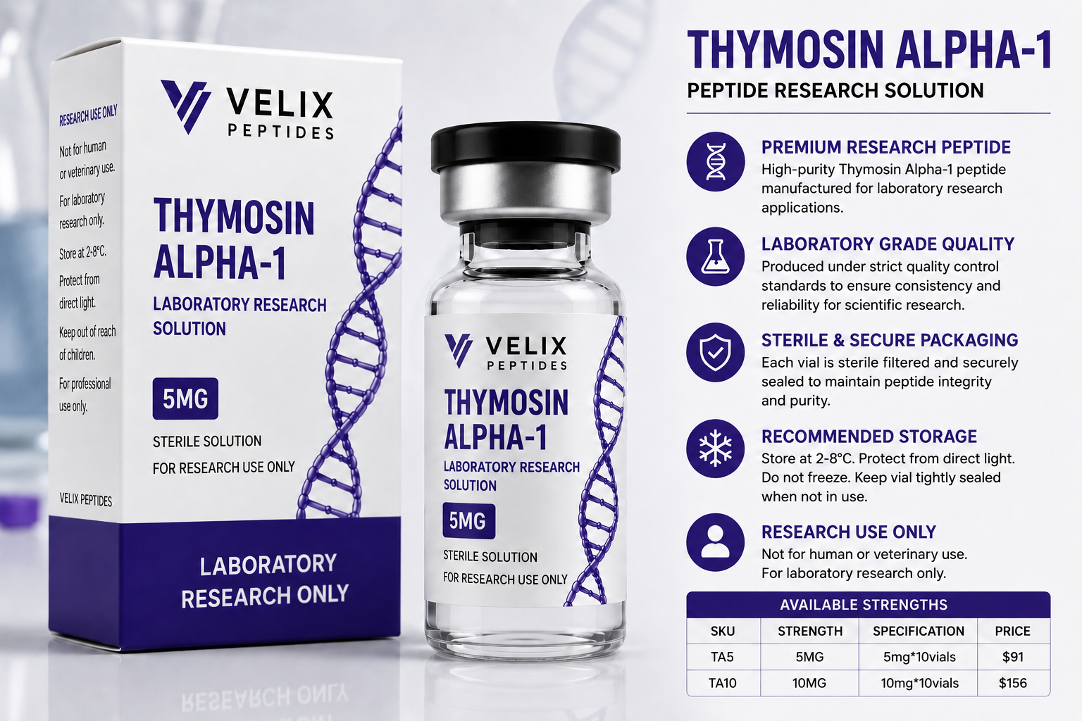 Thymosin Alpha-1 peptide laboratory research vial by Velix Peptides displaying professional peptide packaging and premium research-grade formulation. Thymosin Alpha-1 peptide laboratory research vial by Velix Peptides displaying professional peptide packaging and premium research-grade formulation.