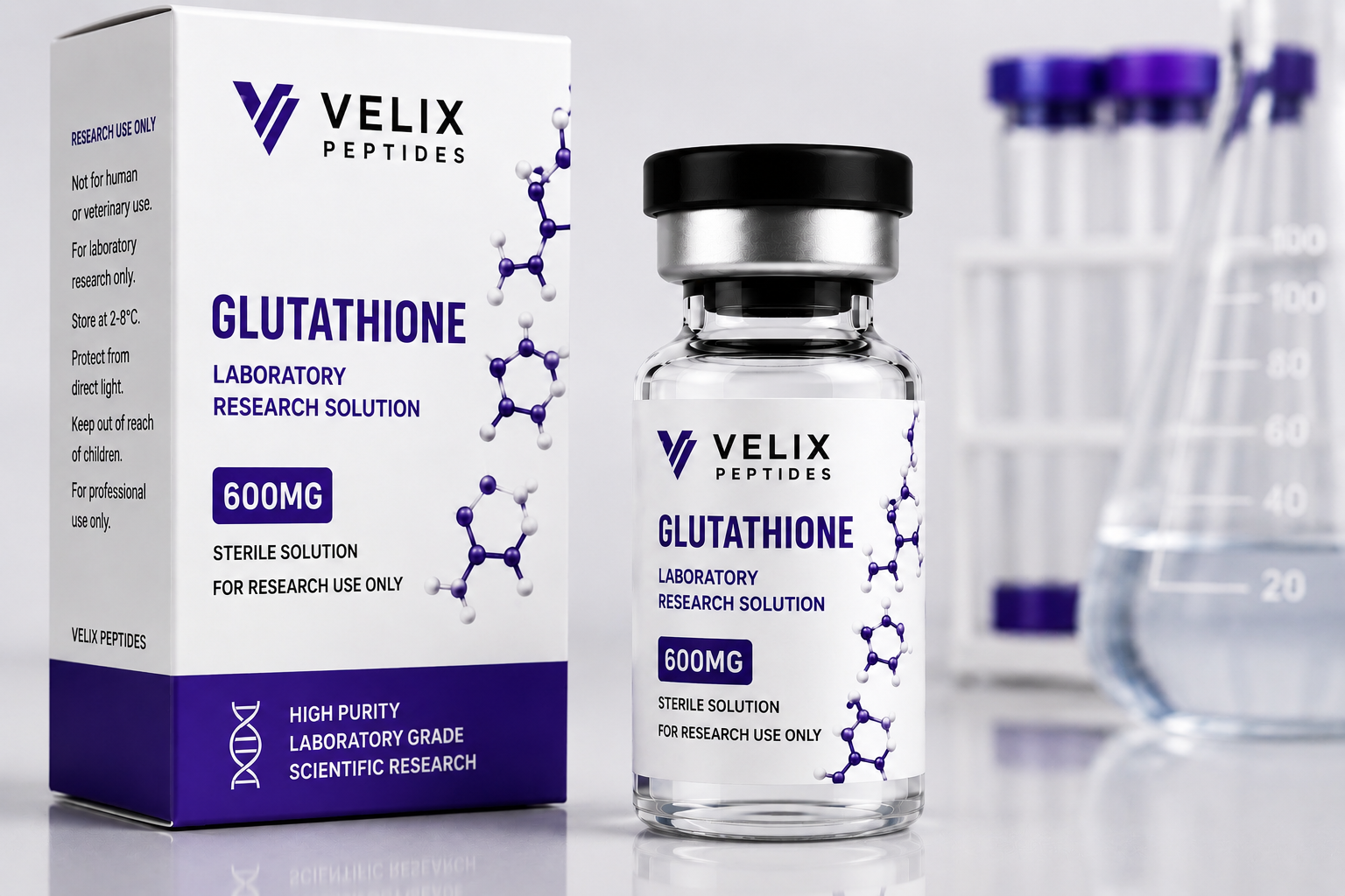 Close-up display of Glutathione laboratory research solution prepared for scientific laboratory applications. Close-up display of Glutathione laboratory research solution prepared for scientific laboratory applications.