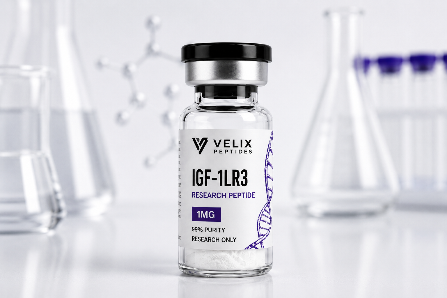 Close-up display of IGF-1LR3 peptide laboratory research solution prepared for scientific peptide research applications. Close-up display of IGF-1LR3 peptide laboratory research solution prepared for scientific peptide research applications.