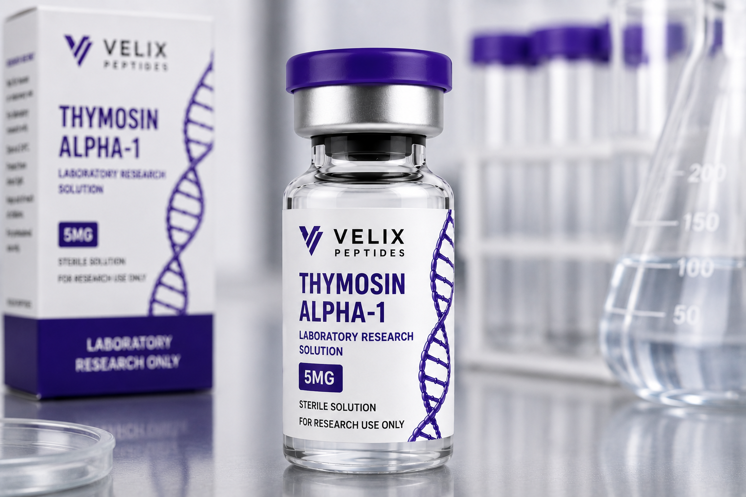 Thymosin Alpha-1 peptide 5MG laboratory research vial with premium peptide packaging by Velix Peptides. Thymosin Alpha-1 peptide 5MG laboratory research vial with premium peptide packaging by Velix Peptides.