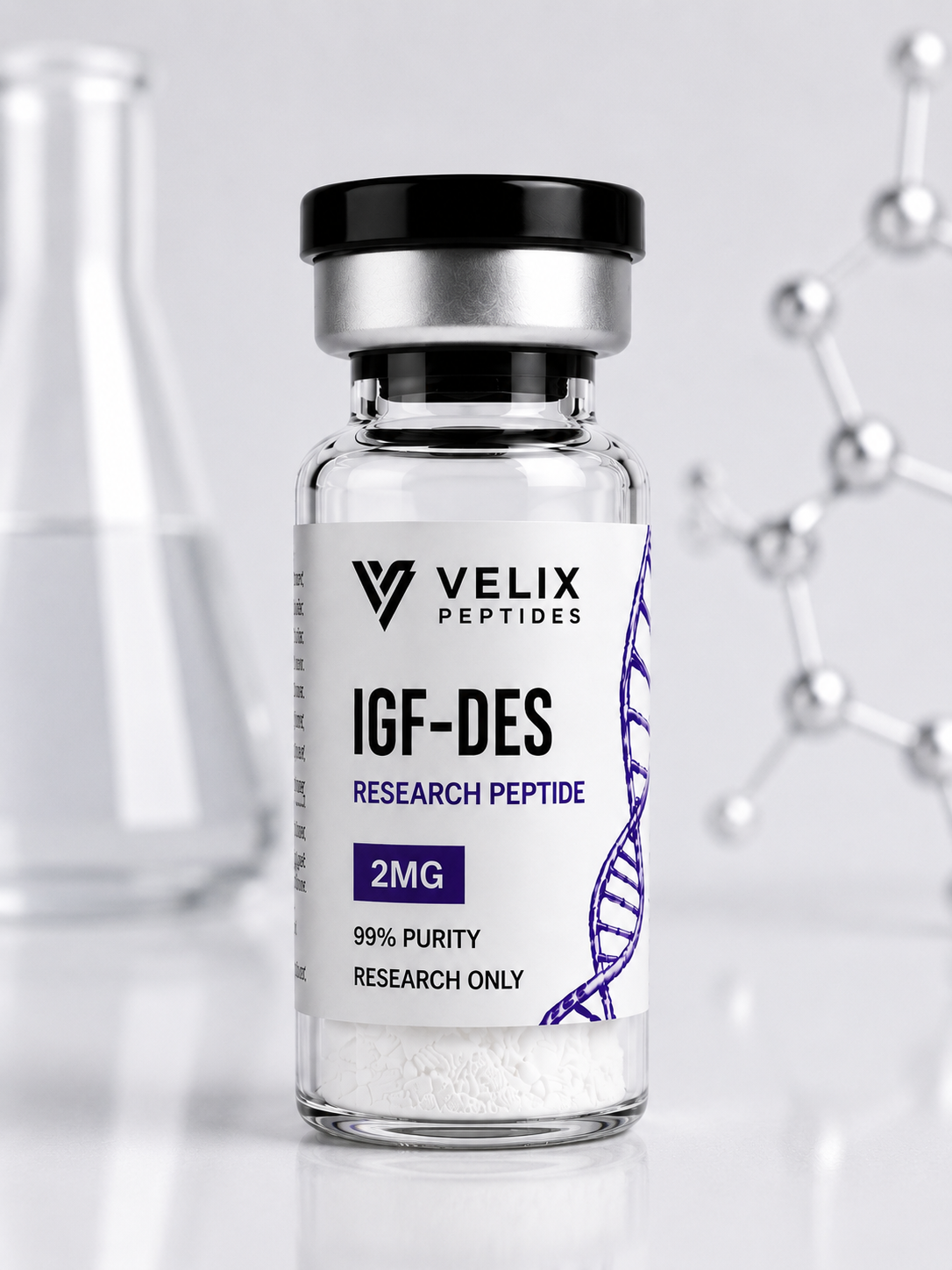Close-up display of IGF-DES peptide research solution prepared for laboratory peptide research applications. Close-up display of IGF-DES peptide research solution prepared for laboratory peptide research applications.