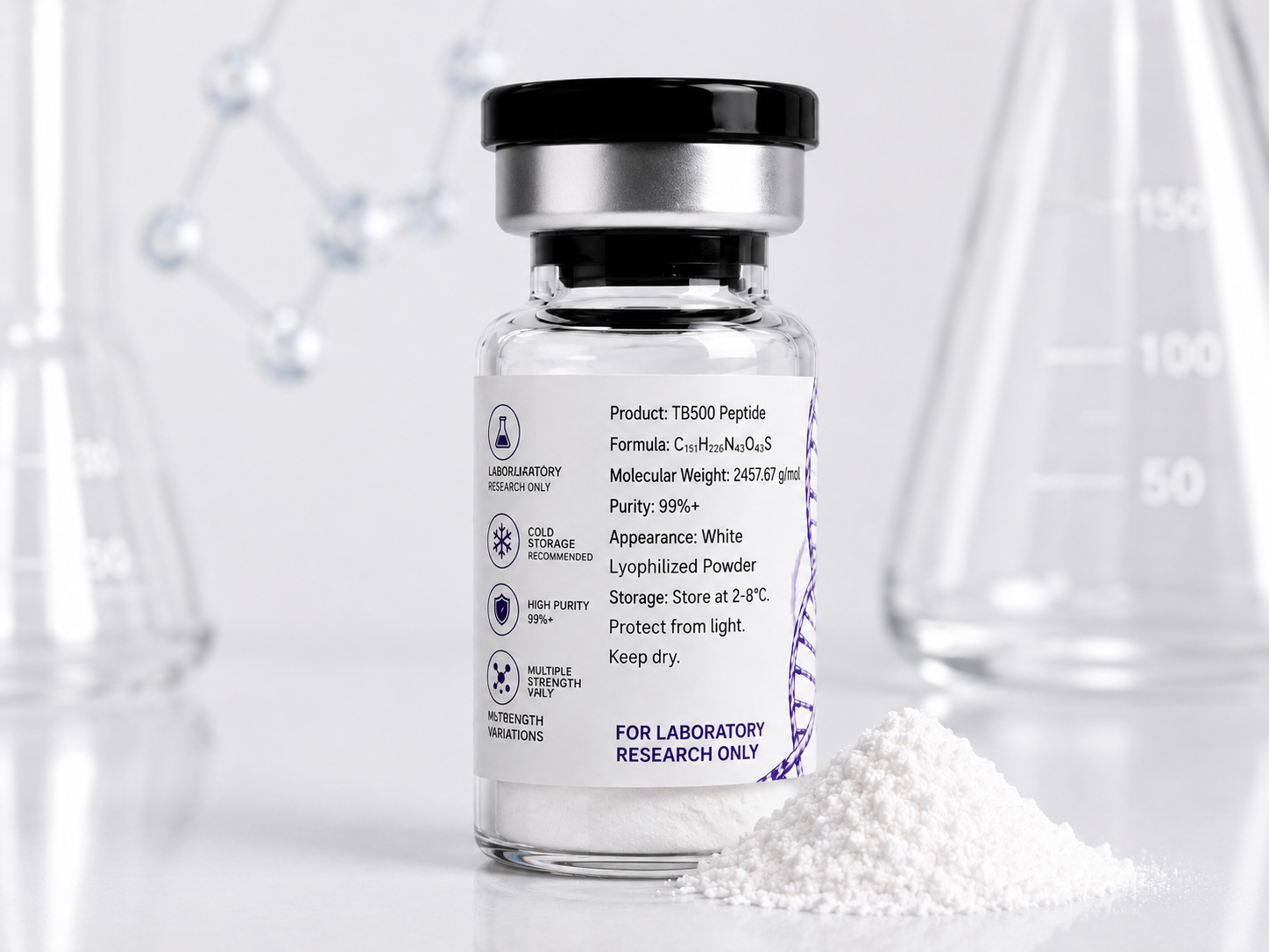 Close-up TB500 peptide lyophilized powder research vial Close-up TB500 peptide lyophilized powder research vial