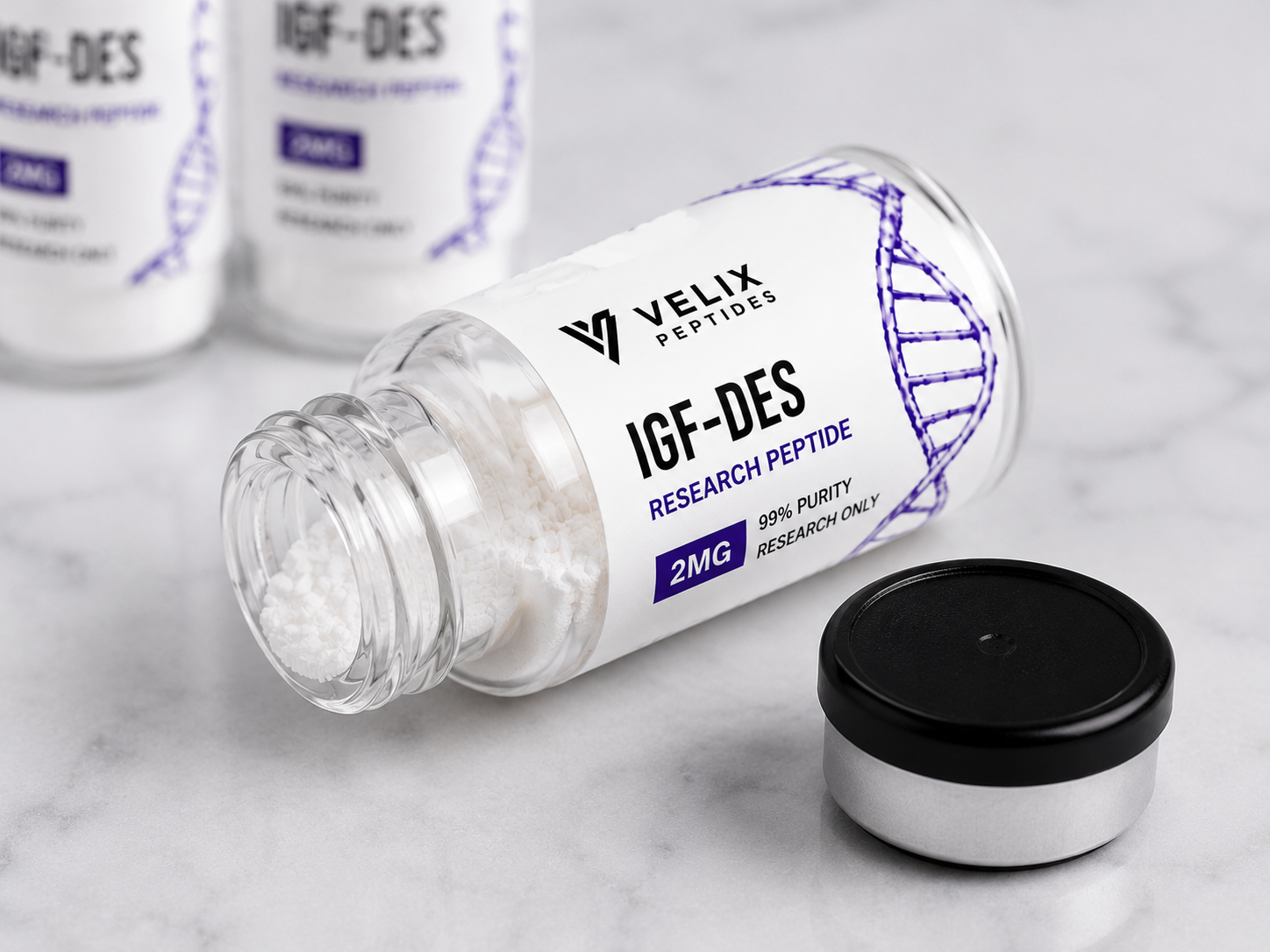 Professional IGF-DES peptide laboratory research compound packaging with sterile vial presentation by Velix Peptides. Professional IGF-DES peptide laboratory research compound packaging with sterile vial presentation by Velix Peptides.