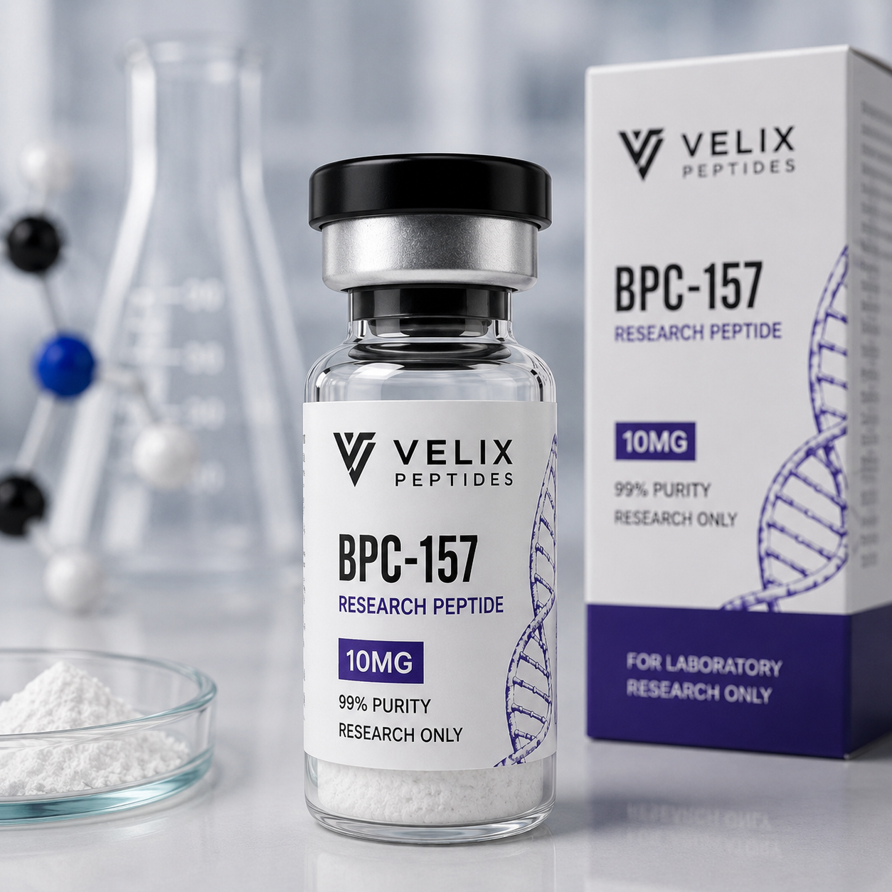Close-up BPC-157 peptide research vial with purity and storage information Close-up BPC-157 peptide research vial with purity and storage information