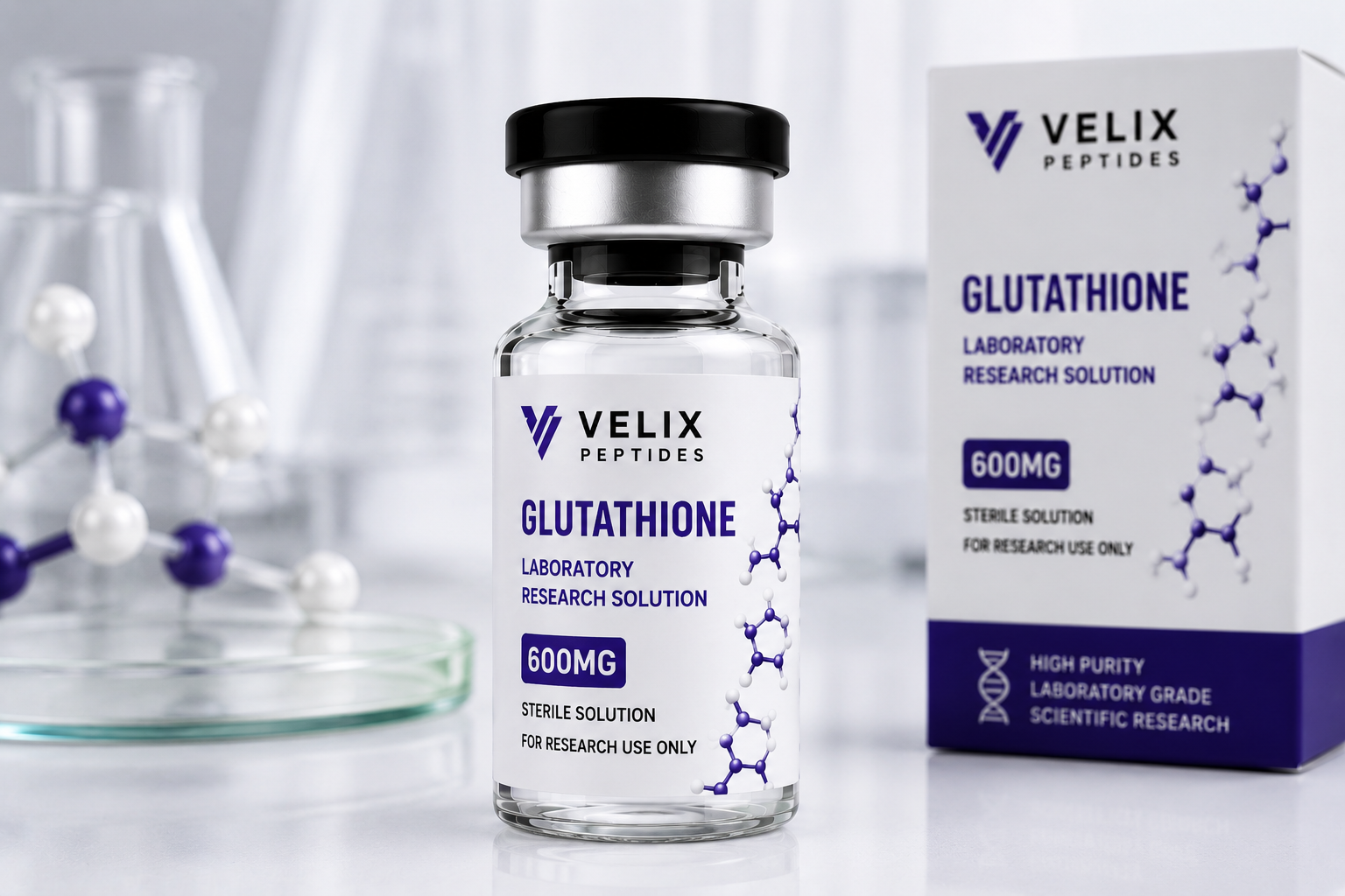 Glutathione 600MG laboratory research vial with professional research-grade packaging by Velix Peptides. Glutathione 600MG laboratory research vial with professional research-grade packaging by Velix Peptides.