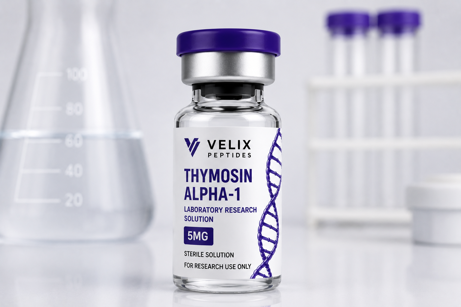 Close-up laboratory display of Thymosin Alpha-1 peptide research solution prepared for scientific peptide-related studies. Close-up laboratory display of Thymosin Alpha-1 peptide research solution prepared for scientific peptide-related studies.