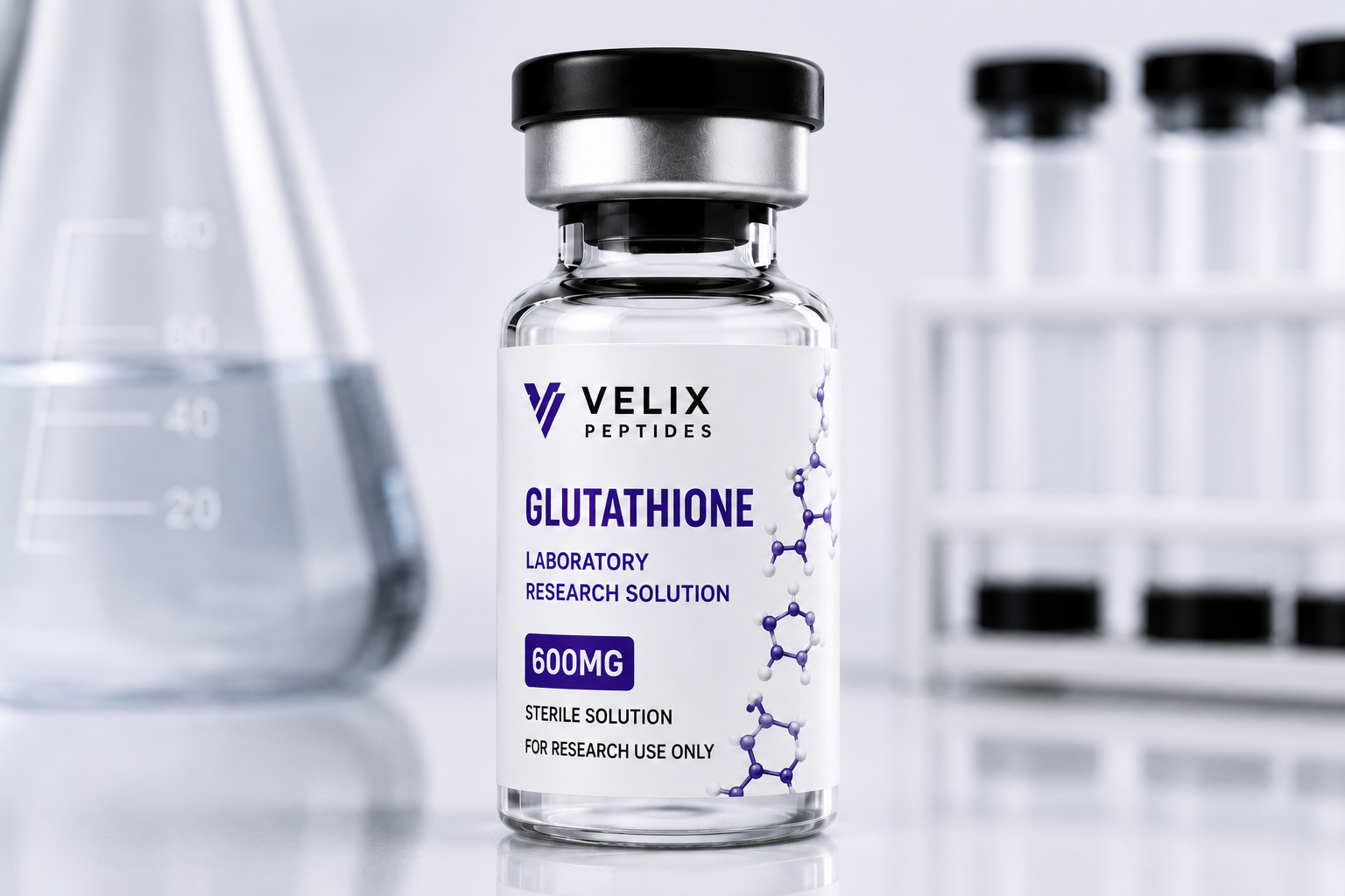 Professional Glutathione research compound packaging with sterile laboratory-grade vial presentation by Velix Peptides. Professional Glutathione research compound packaging with sterile laboratory-grade vial presentation by Velix Peptides.
